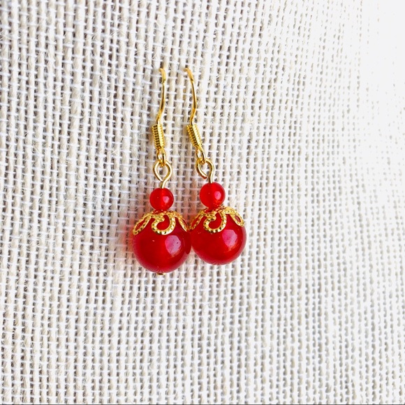 Red Jade Gold Drop Earrings - Picture 4 of 7
